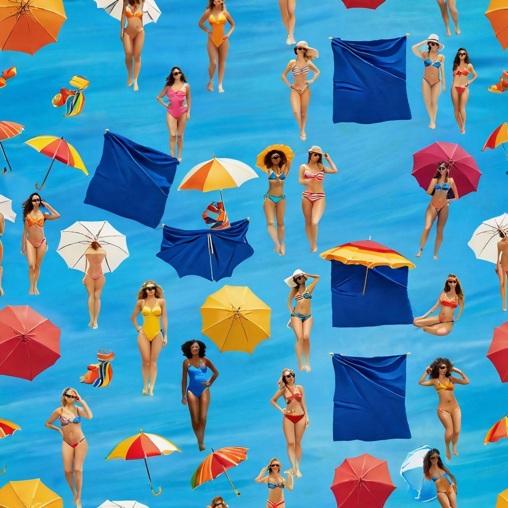 A picturesque beach scene with a diverse group of individuals showcasing trendy swimsuits, basking in the sunlight. Include vibrant beach towels, colorful beach umbrellas, and fun beach accessories such as sunglasses and flip-flops. The background should feature crystal-clear ocean waves and a bright blue sky to evoke a sense of summer joy. super-realistic. vibrant colors. bright background.